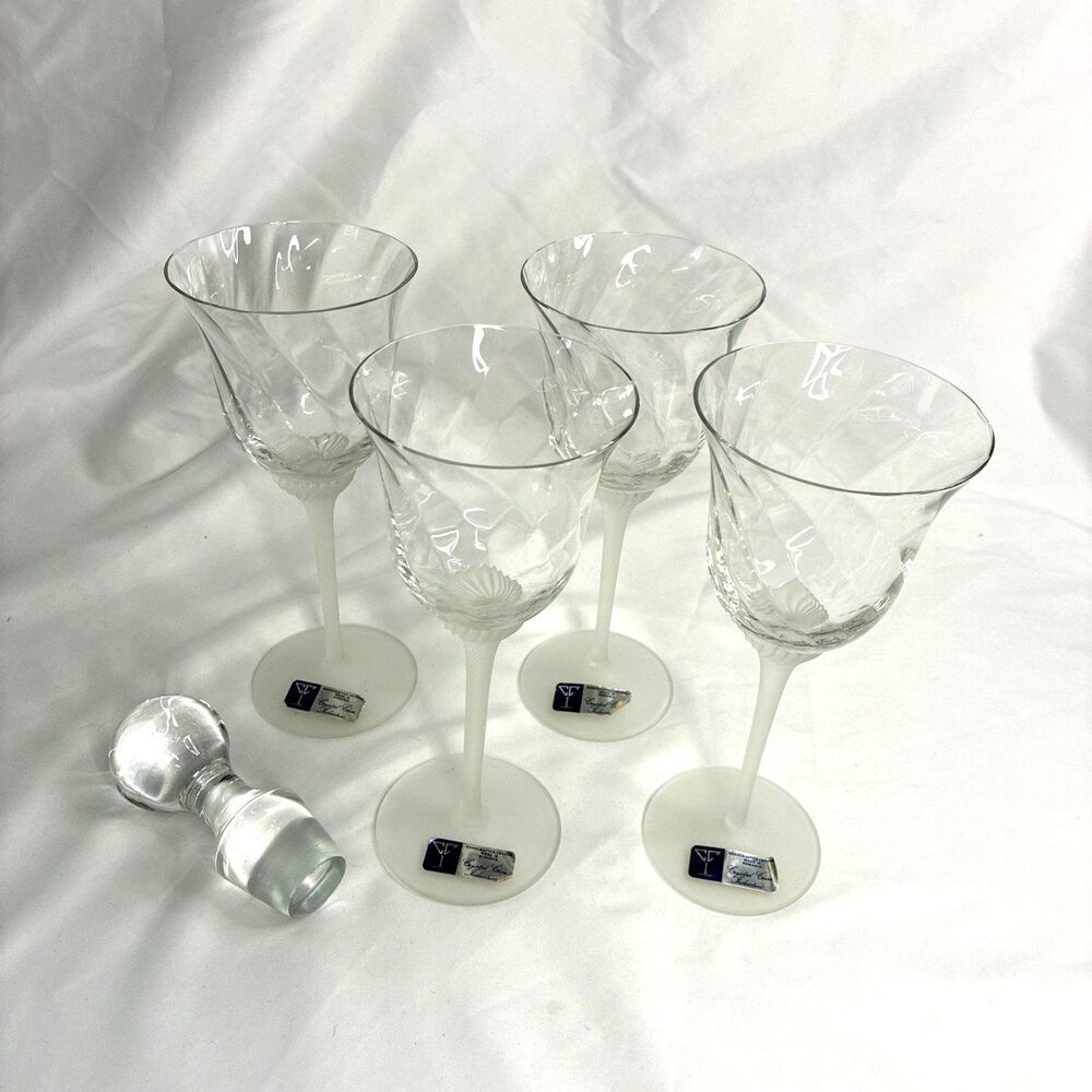 Crystal Clear Studios Valerie 4 Wine Glasses & Stopper Optic Swirl Frosted 1990s